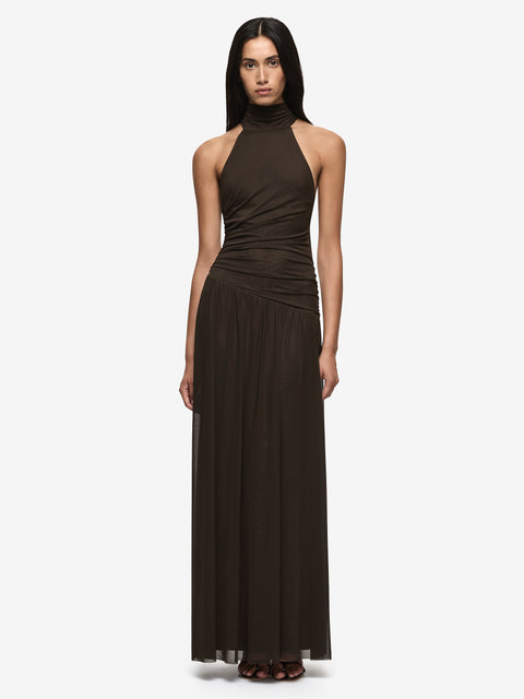 XANTHI HALTER MAXI DRESS - BITTER CHOC