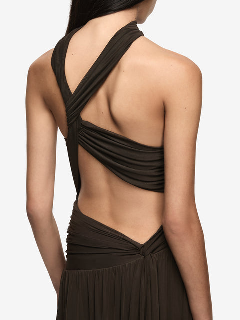 XANTHI HALTER MAXI DRESS - BITTER CHOC