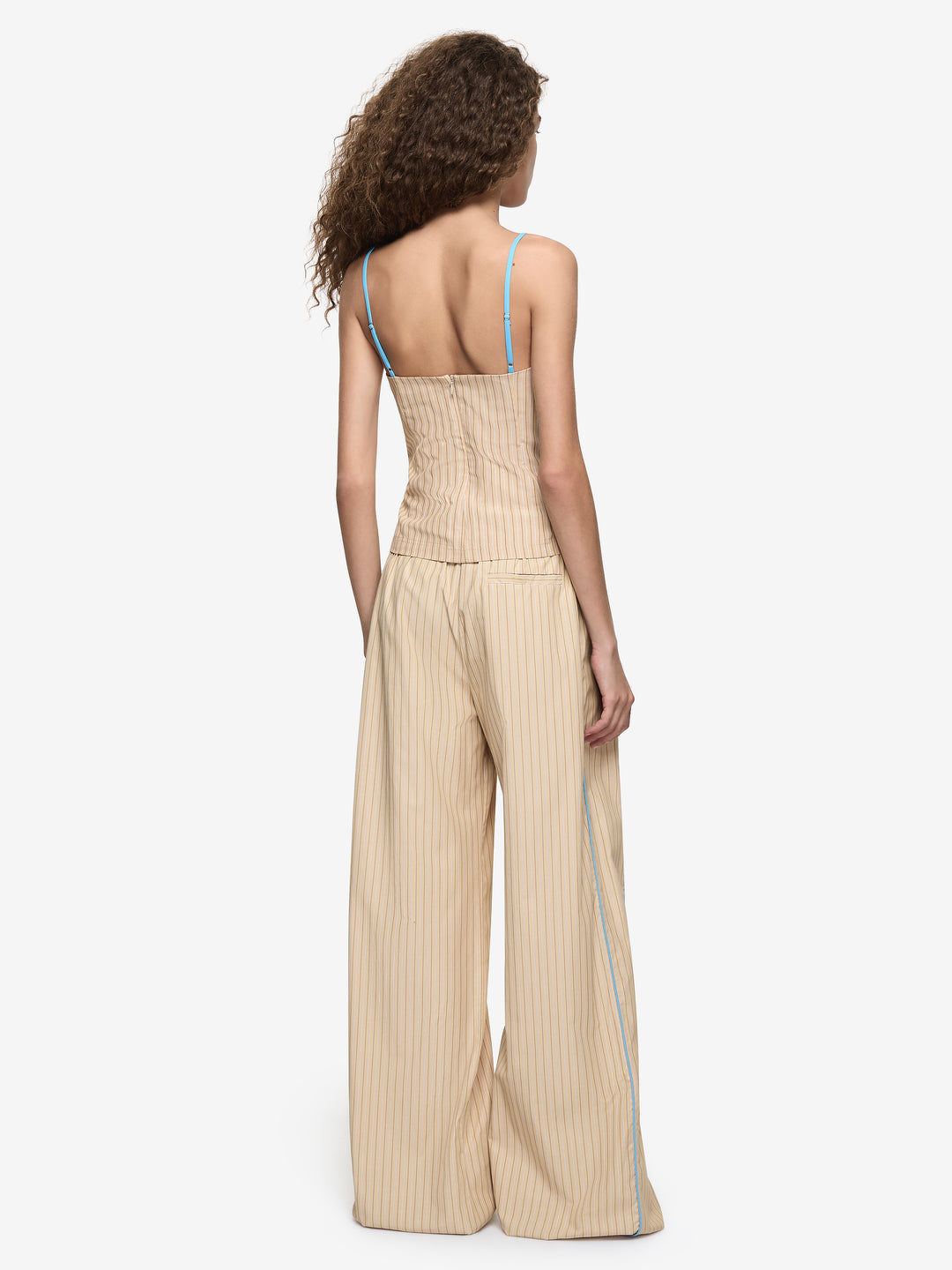 ZANDA DRAWSTRING PANT - TAN PINSTRIPE/AZURE BLUE