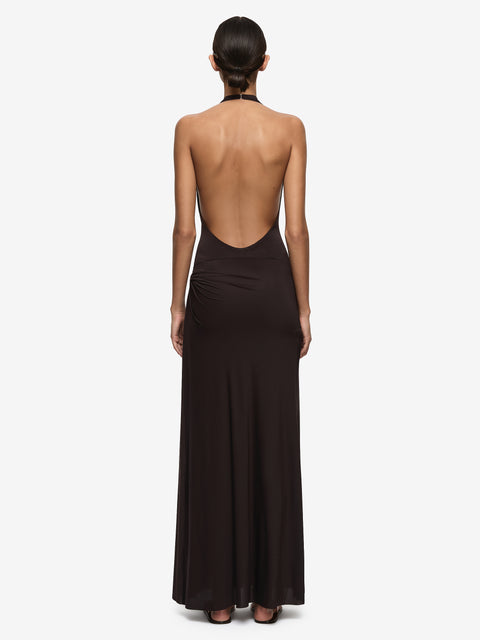 COURT HALTER MAXI DRESS - DARK CHOCOLATE