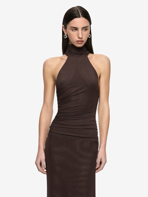 XANTHI HALTER MAXI DRESS - BITTER CHOC