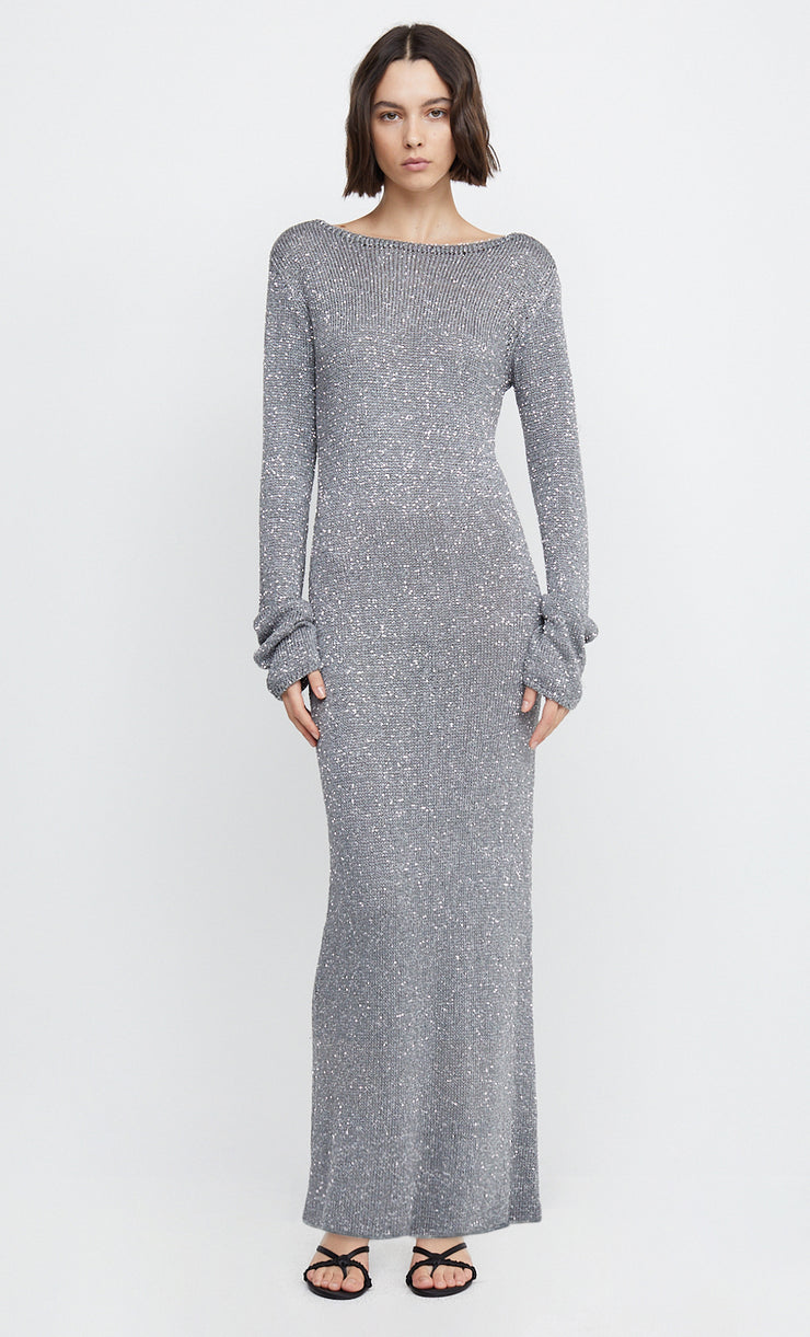 SADIE SEQUIN LONG SLEEVE KNIT DRESS - CHARCOAL