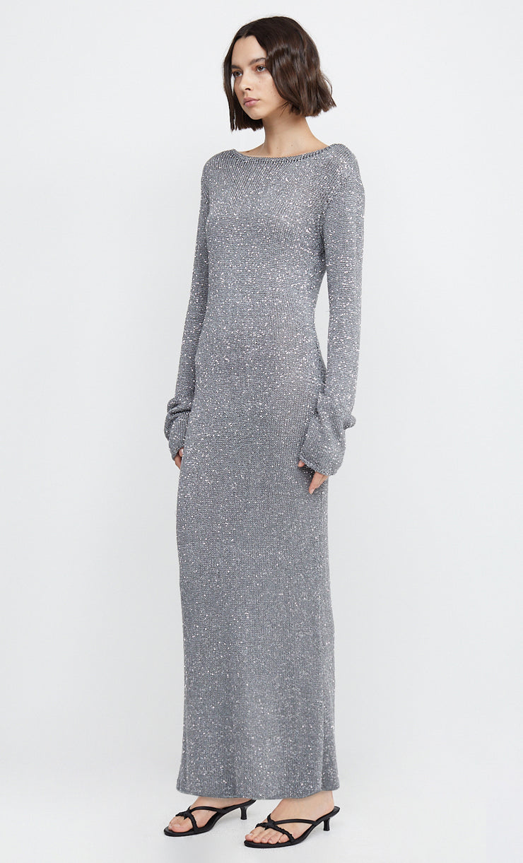 SADIE SEQUIN LONG SLEEVE KNIT DRESS - CHARCOAL