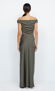 Eternity Off Shoulder Maxi Bridesmaid Dress in Dark Willow Green by Bec + Bridge