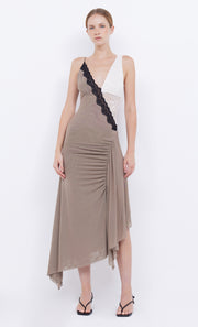 Abrielle Asym Midi Dress in Taupe with White and Black Contrast Lace by Bec + Bridge