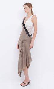 Abrielle Asym Midi Dress in Taupe with White and Black Contrast Lace by Bec + Bridge