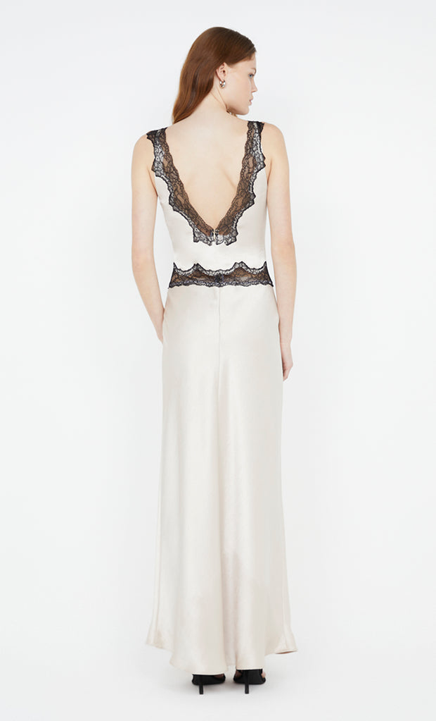 Allegra Lace Trim Dress in Sand with black lace by Bec + Bridge