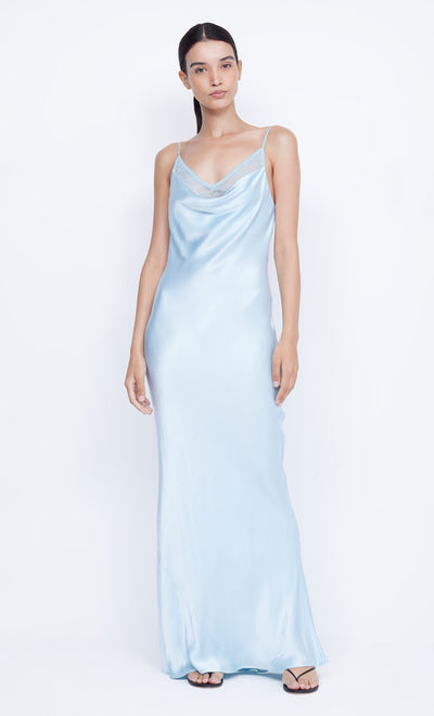 Arabella Lace Trim Maxi Formal Dress in Dolphin Blue by Bec + Bridge