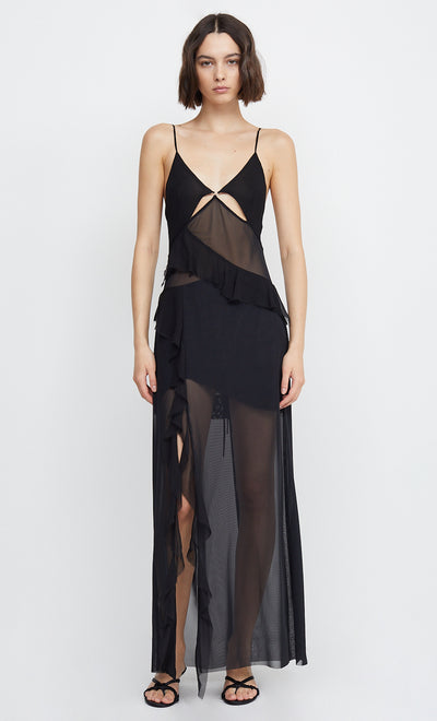 AURELIE STRAP FRILL MAXI DRESS - BLACK
