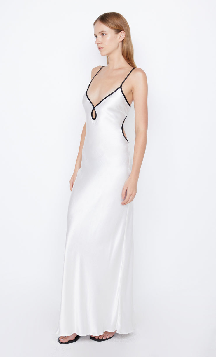 Cedar City Backless Keyhole Dress in White with Black by Bec + Bridge