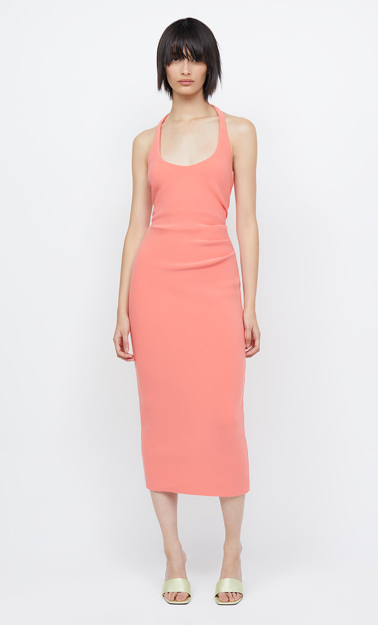 Cyndie Halter Midi Formal Prom Dress in Coral Pink Orange by Bec + Bridge