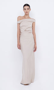 Eternitty Asym Off Shoulder Maxi Bridesmaid Dress in Sand by Bec + Bridge