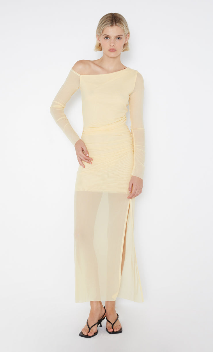 Butter Yellow mesh Fae Asym Long Sleeve Dress by Bec + Bridge