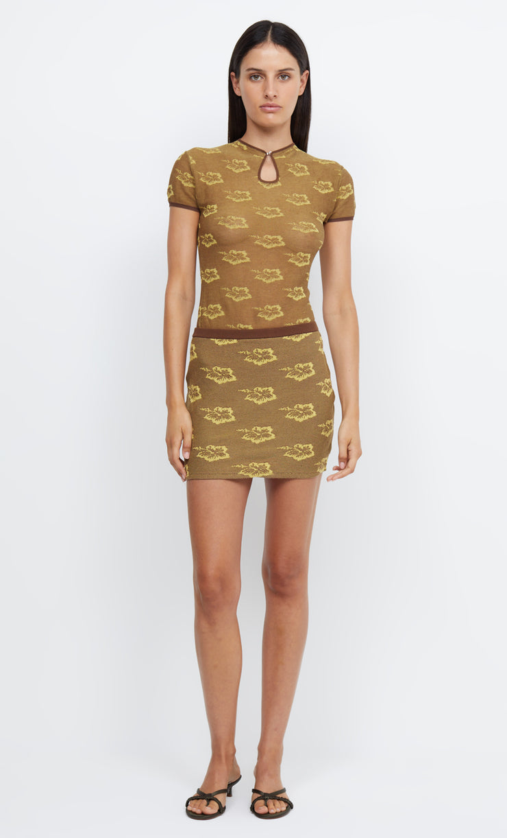 KEONI KNIT MINI SKIRT - CARAMEL HIBISCUS