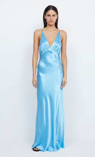 Lorelai V Neck Maxi Prom Dress in Topaz Blue by Bec + Bridge