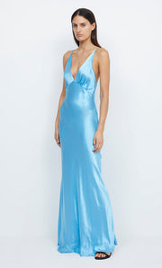 Lorelai V Neck Maxi Prom Dress in Topaz Blue by Bec + Bridge