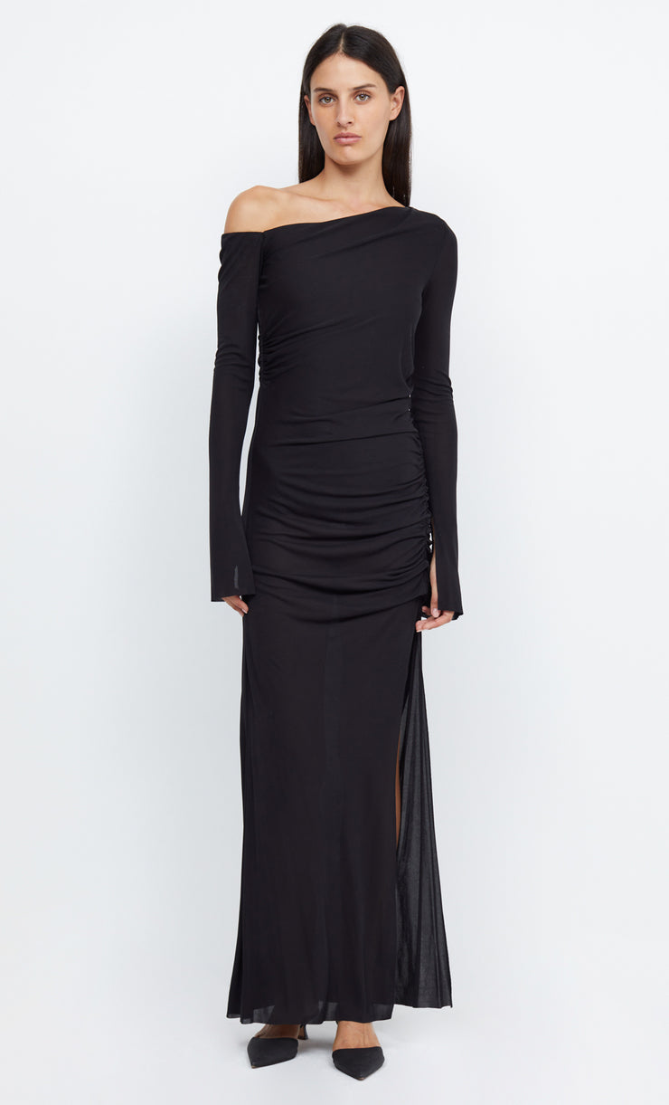MONETTE ASYM LONG SLEEVE MAXI DRESS - BLACK