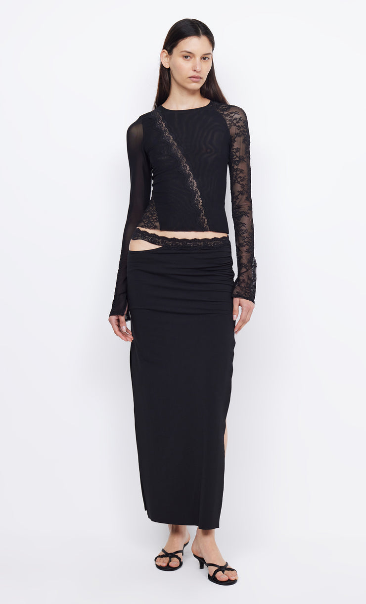 RIA SPLIT MIDI SKIRT - BLACK