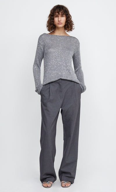 SADIE SEQUIN LONG SLEEVE KNIT TOP - CHARCOAL