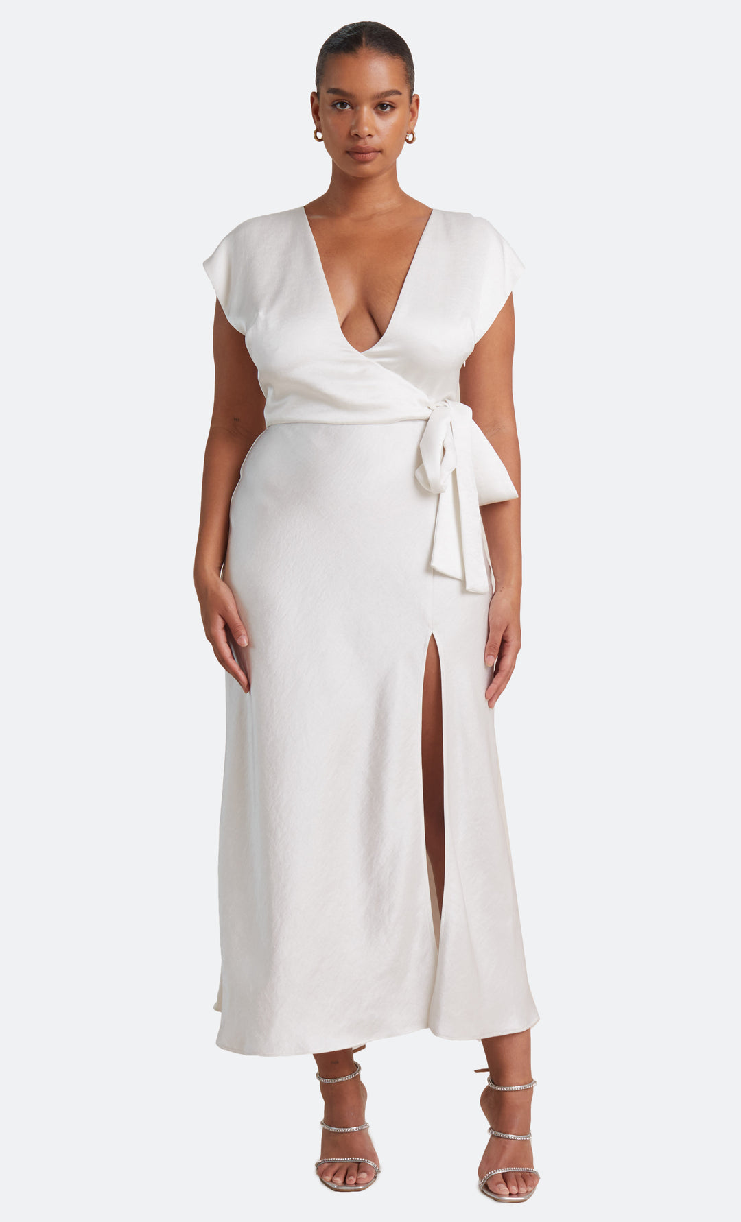 slim fit dress slacks Make Your Mark Champagne White Satin Leopard Wrap Dress, Small - The Mint Julep Boutique main image 0