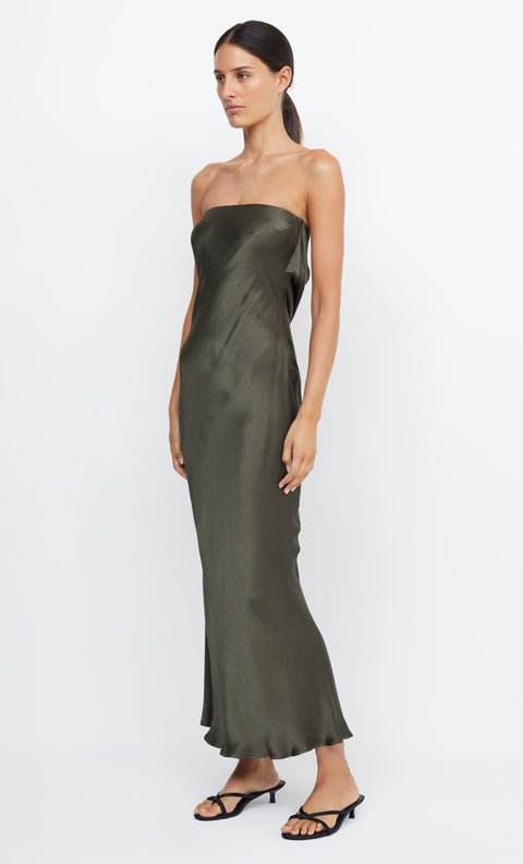 Moon Dance Strapless Maxi Prom Bridesmaid Dress in Dark Willow Green by Bec + bridge