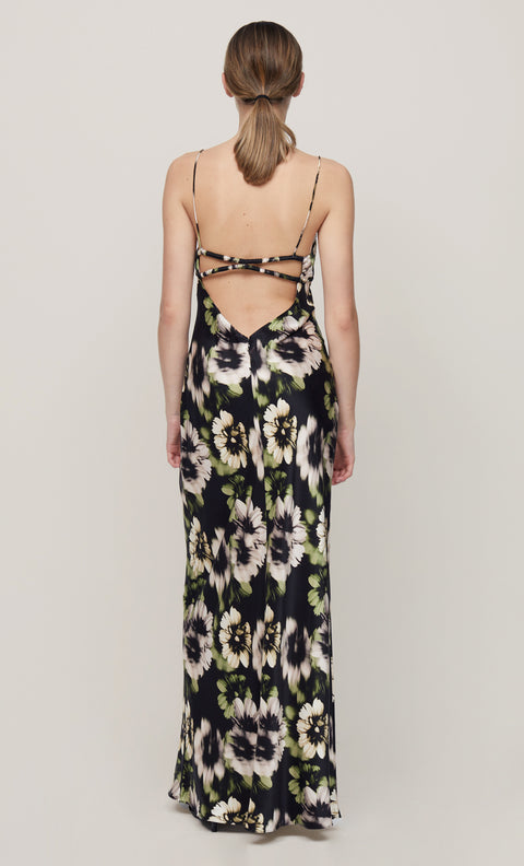 BLOOM SILK MAXI DRESS - BLACK PRINT